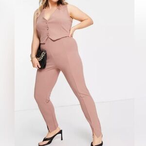 ASOS DESIGN jersey slim split front suit pants in blush pink